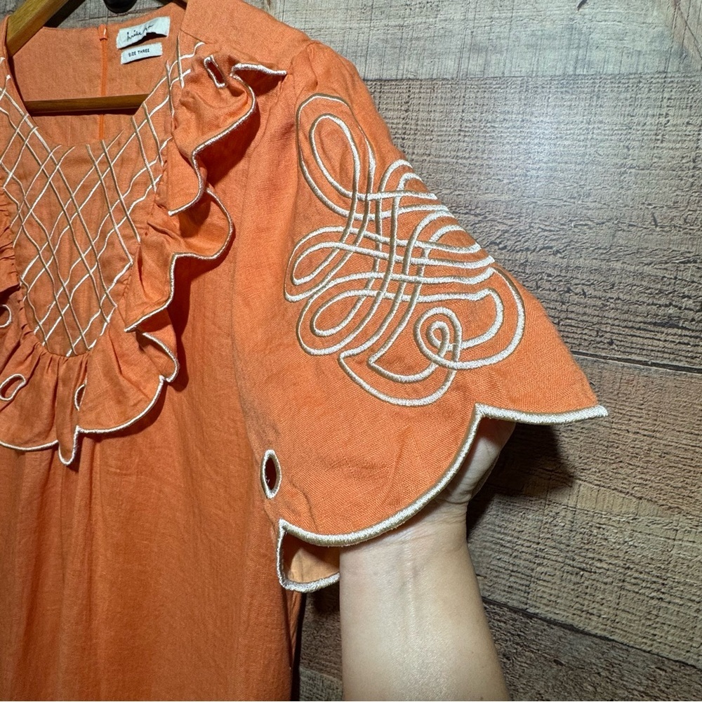 Innika Choo Linen Mini Dress Embroidered Ruffle Yoke Size 3 Babydoll - Picture 4 of 9